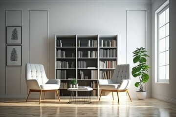 Modern waiting area with two seats, a bookcase, and an empty white wall. Oak parquet. home library concept. minimalism. mockup. Generative AI