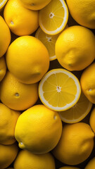Many yellow lemons harvest close-up background texture. Generative AI