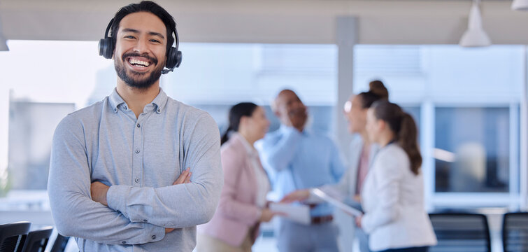 Call center, smile and portrait of customer service agent with headset, mockup and happy face in support office. Smiling business man, help desk consultant with care and confidence at crm agency job.