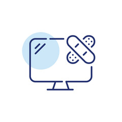 Desktop computer with bandaid over it. Computer repair symbol. Pixel perfect, editable stroke icon