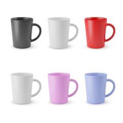 Illustration of Six Realistic Empty Ceramic Coffee Cup or Tea Mug. Mockup with Shadow Effect, Copy Space for Web Design, and Printing on a White Backdrop