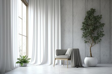 Blank concrete wall in living room mockup with carpet, white chair, plant, curtain. Generative AI