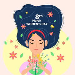 International womens day, portrait cartoon woman with flowers card vector illustration
