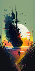 A Majestic Schooner Sets Sail on a Sea of Grass at Sunset created using generative ai