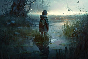 Little Girl in Rags Standing in Water and Grass created using generative ai
