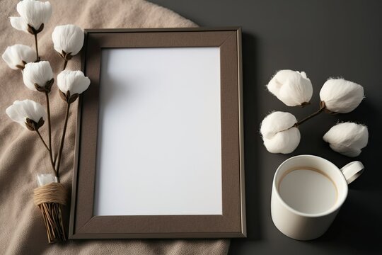 a picture frame, cotton flowers, and coffee are on a table. Generative AI