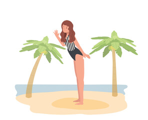 woman in swim suit on the beach. Flat vector illustration