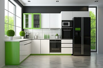 Interior of a modern green kitchen with built-in appliances, white, black, and green counters. Visualization of a cozy home. a mockup. Generative AI