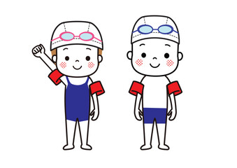 スクール水着を着てアームヘルパーしている子どもたち　ガッツポーズ