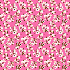 Spring floral cute fabric pattern with simple white flowers and brown leaves on a pink background