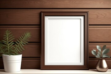 Empty wooden frame mockup on mahogany boards. Mahogany wall paneling. Website background. Generative AI