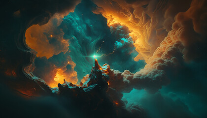 abstract graphic design nebula cloud in the space with teal and orange colors