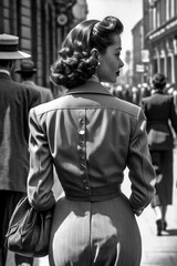 Fototapeta na wymiar elegant young woman walking in an European street in 1948. monochromatic vintage. generative AI 
