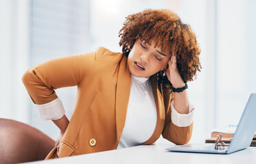 Fototapeta na wymiar Black woman with back pain, corporate burnout and stress with headache, stiff muscle from spine injury and overworked. Female worker at desk, business and medical emergency with health and strain