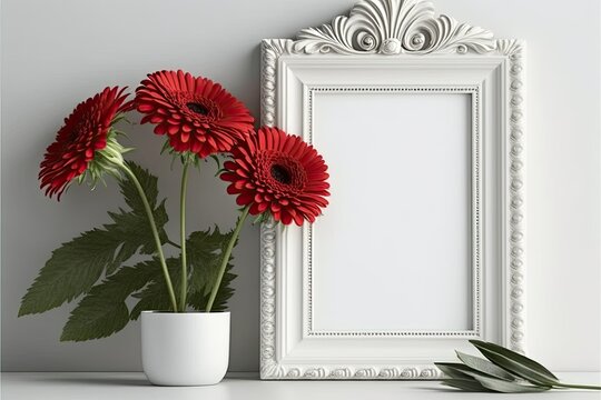 White frame and backdrop with red gerbera blooms. mockup. Generative AI