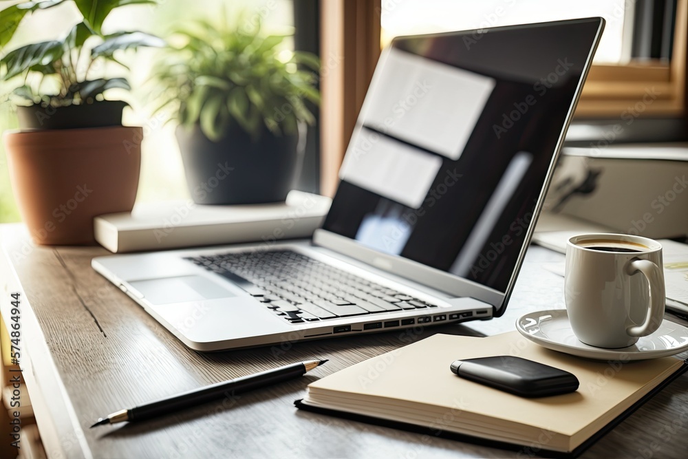 Sticker Laptop, books, and office desk. Generative AI