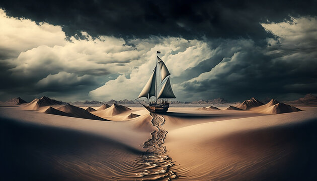 Fantastic Sailboat Crossing the Desert. Generative AI