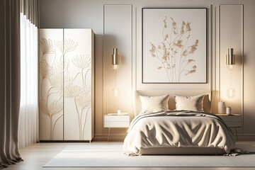 Bright bedroom with a backlit vertical poster on a white wall, a beige wardrobe, sconces, and bedside tables on either side of a modern bed beside the window with beige drapes. Generative AI