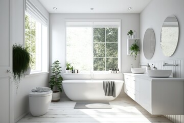 Fototapeta na wymiar White bathroom corner with a window, wooden floor, double sink, and white tub. mockup. Generative AI