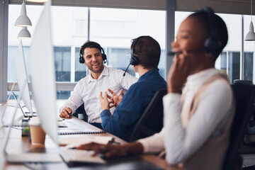 Call center, telemarketing and employees talking, customer service and explain system in office. Team, coworkers and consultants in workplace, tech support and conversation for process and training