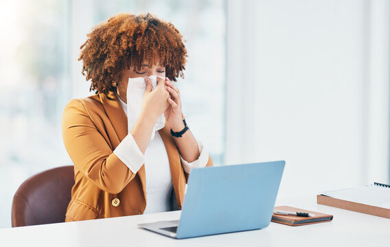 Business, laptop and black woman with tissue, flu and sneeze in workplace, burnout and stress. African American female employee, consultant and agent with sickness, toilet paper and illness in office