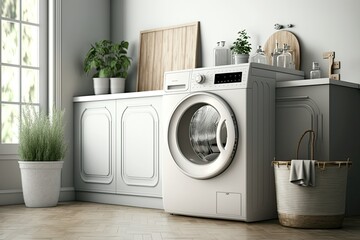 Modern washing machine and hygienic wash basin in a laundry room against a background of white walls. Generative AI