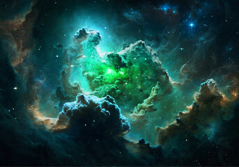 Fototapeta na wymiar luxury Large panoramic view of a colorful dark green nebula in space.generative ai