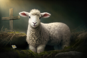 Obraz premium Easter baby lamb, Concept photo for Bible text about Jesus as sheepherder, created with Generative AI