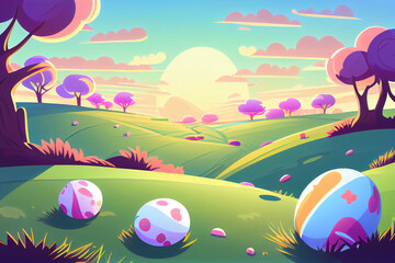 Cute easter cartoon field with colored eggs at sunset