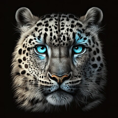 Fototapeta na wymiar Snow Leopard with Aqua Blue Eyes, Glowing Eyes, Wildcat, Big Cat, Generative Illustration, AI art