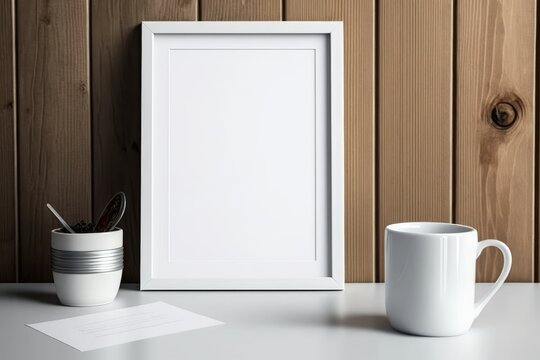 White frame on wooden wall background with glass and cup, mockup. Generative AI
