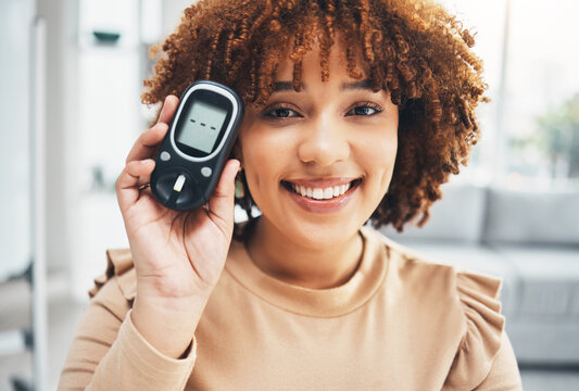 Showing, Diabetes And Portrait Of A Black Woman With A Machine For Healthcare, Test And Check. Happy, Medicine And African Girl With A Product To Monitor Blood Sugar, Health And Glucose Levels