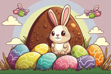 Easter rabbit on the background of eggs, cartoon, concept, created with Generative AI
