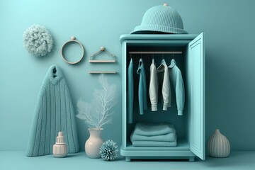 Hanging clothes, pastel blue storage shelf, and room decorations. Light background with copyspace. for website, presentation, or frame backgroun. Generative AI