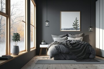Dark gray Scandinavian bedroom with wooden floor, double bed, and bedside table. Nice window view. Sideview. mockup. Generative AI