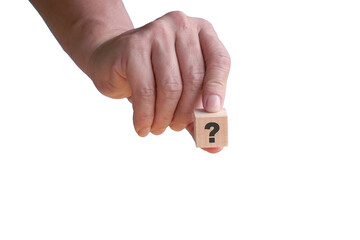 Hand holding a wood block with question mark. Isolated, transparent background.