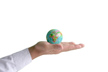 Male hand holding world globe in his palm. Protection and care for environment concept. Isolated, transparent background.