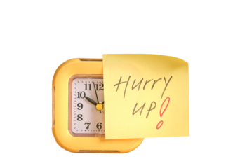 Hurry up, word written on yellow paper, pasted on yellow alarm clock. Isolated, transparent background.