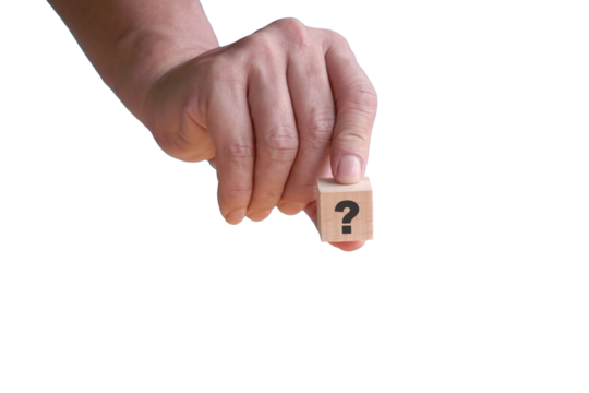 Hand holding a wood block with question mark. Isolated, transparent background.