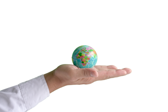 Male hand holding world globe in his palm. Protection and care for environment concept. Isolated, transparent background.