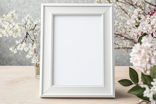 mockup of a white photo frame with cherry blossoms against a light wood background. Generative AI