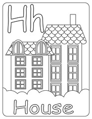 Kids ABC cards. Letter study set, english alphabet with food, animals and fairy tale characters cartoon.coloring book. Letter Hh