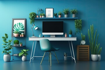 a contemporary office with a green desk and blue walls. Generative AI