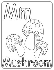 Kids ABC cards. Letter study set, english alphabet with food, animals and fairy tale characters cartoon.coloring book. Letter Mm