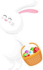 White rabbit with Easter egg basket. Cartoon character design. Easter holiday concept. Illustration.