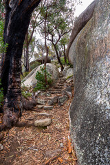 Hiking trail through granite country showing steps and granite boulder