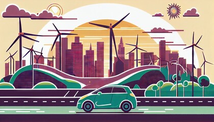 he green and clean city of the future. Smart city concept. Background for marketing or blog. 
Electromobility, electric cars. Renewable energy. Generative AI