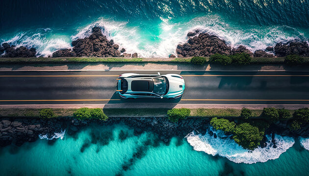 Top down view of an electric car driving on a road surrounded by the sea. Aerial photography created with Generative AI