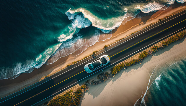 Electric car driving on an apshalt road close to the ocean and the beach. Aerial view created with Generative AI