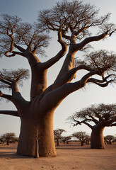 African baobabs in the savannah on sunny day, generative AI